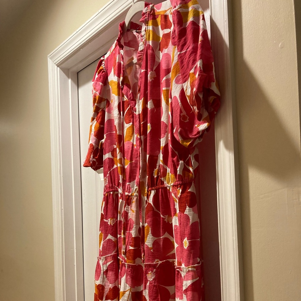 Floral Button-Front Midi Dress in Pink & Orange